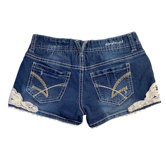 Amethyst Button Fly Embroidered Crochet‎ Pocket Distressed Denim Shorts Women 0 - Picture 15 of 15
